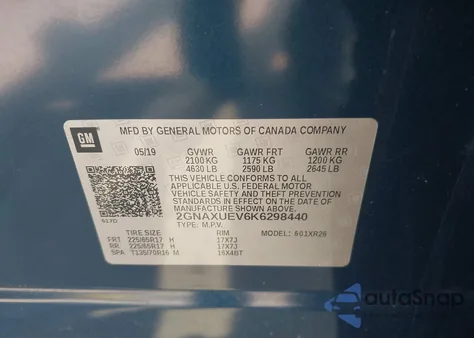 2019 Chevrolet Equinox Lt z USA, uszkodzony, nr VIN 2GNAXUEV6K6298440